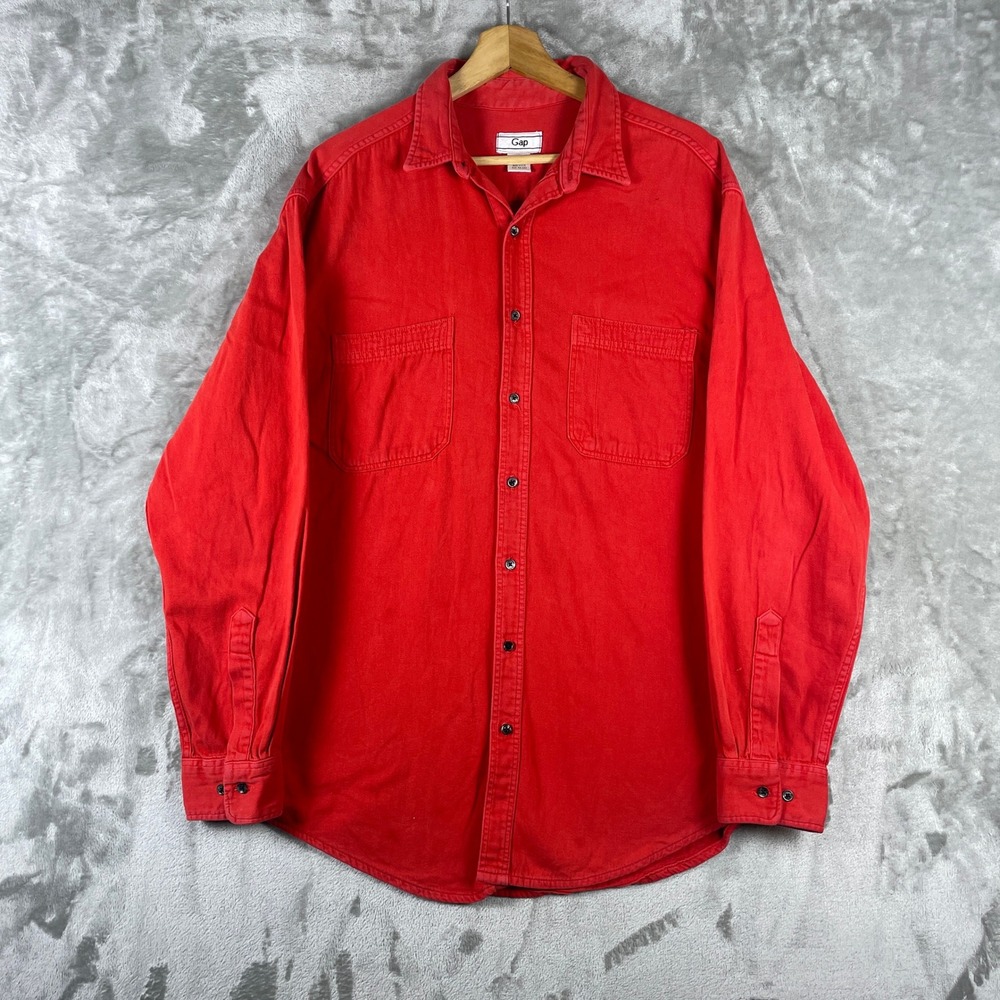 Vintage 1980s Gap Button Up Shirt Men L Red Denim Long Sleeve Cotton Made in USA